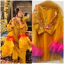 Embroidered Sleeves Kurti With Frill Dupatta & Trouser (3 Piece Suit) Embroidered Dresses For Women