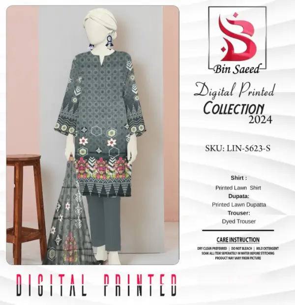 “bin Saeed Digital Printed Collection” 3pcs Lawn | Unstitched Collection Casual Wear