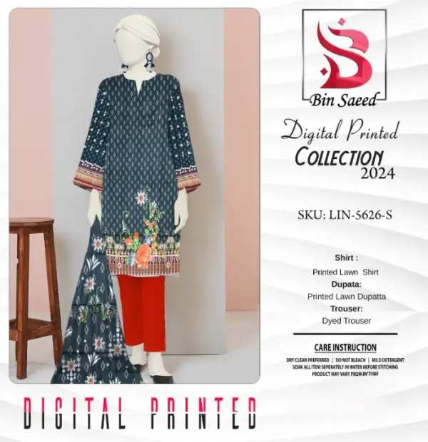 “bin Saeed Digital Printed Collection” 3pcs Lawn | Unstitched Collection Casual Wear