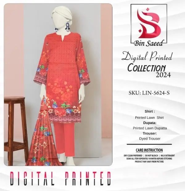 “bin Saeed Digital Printed Collection” 3pcs Lawn | Unstitched Collection Casual Wear