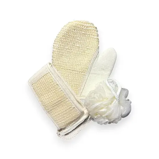 Exfoliating Bath Set: Loofah Gloves, Back Scrubber Belt & Loofah Sponge – Bathing Combo