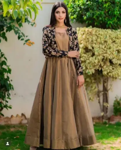 2 Pc Embroidered Round Neck Silk Maxi & Jacket