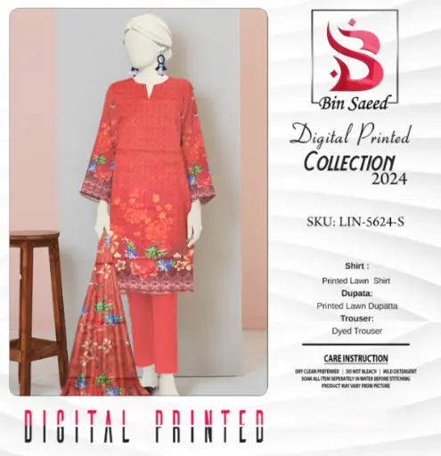 “bin Saeed Digital Printed Collection” 3pcs Lawn | Unstitched Collection Casual Wear